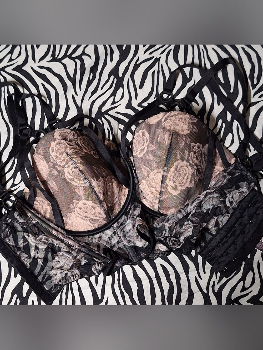 Victoria's Secret Black Mesh Bra with Blush Floral Embroidery